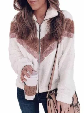 Plush Zipper Cardigan Contrast Color Jacket