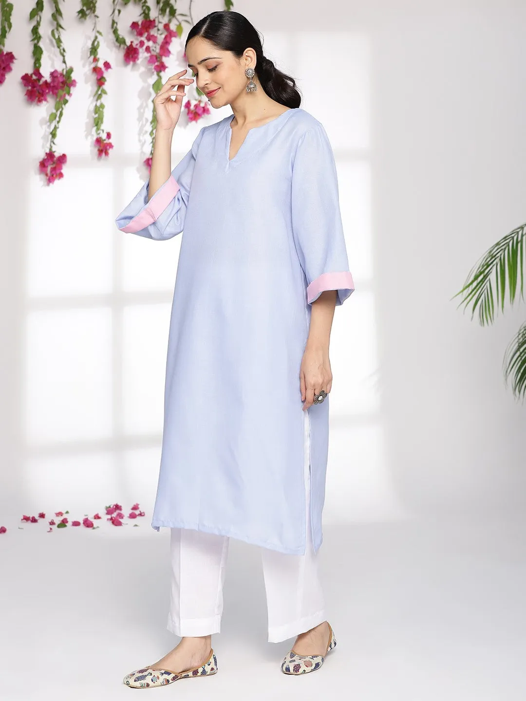 PowderBlue LongKurta & White Pants