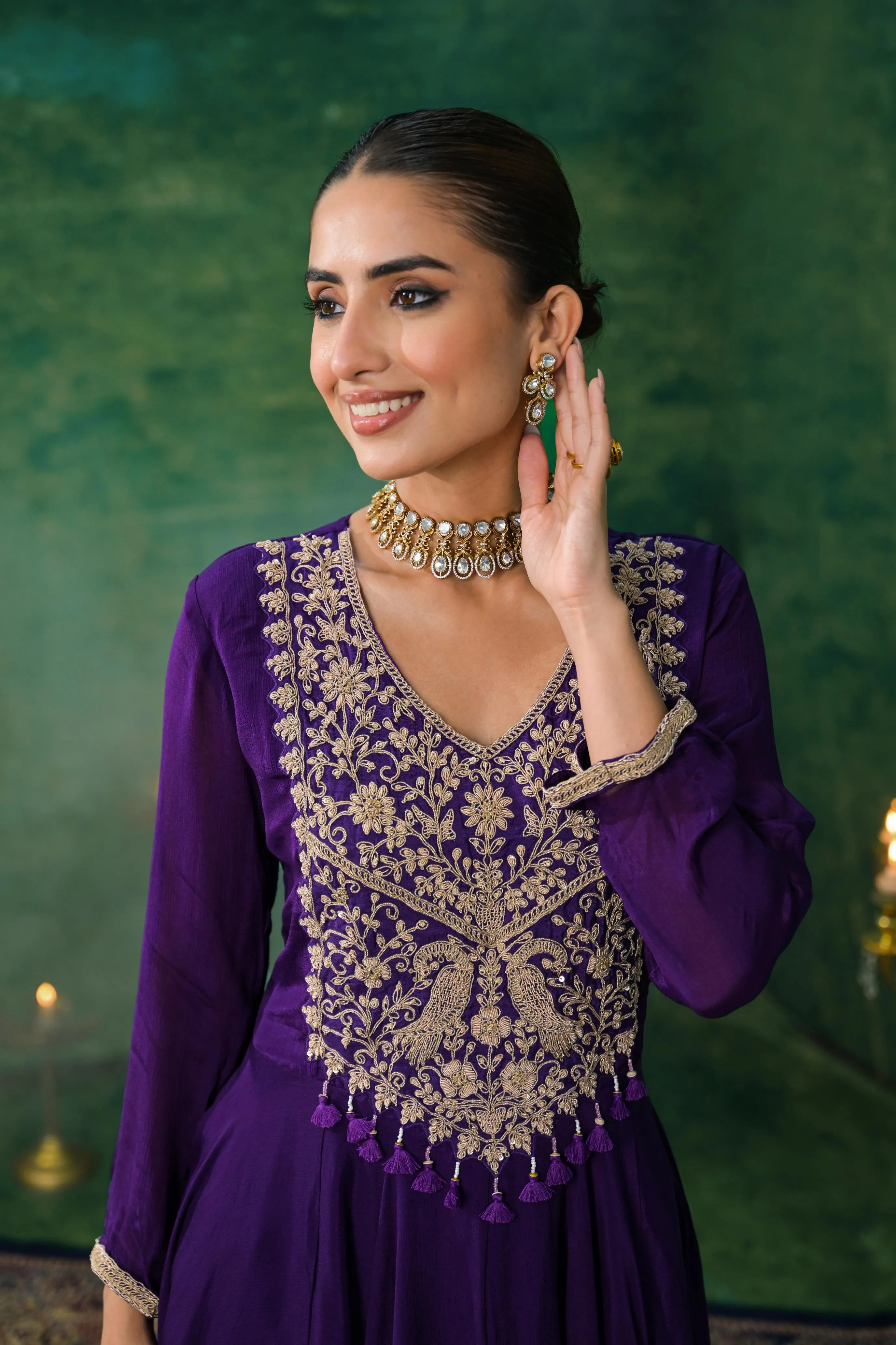 Purple Embroidered Chinon Silk Kurta Set