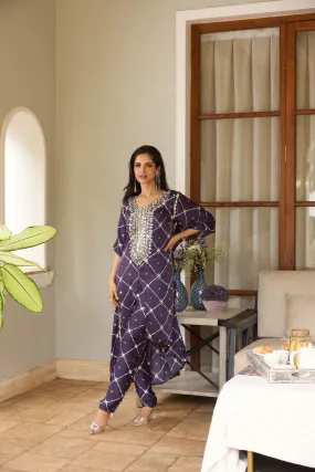 Purple Patterned Crepe Silk Kaftan Set