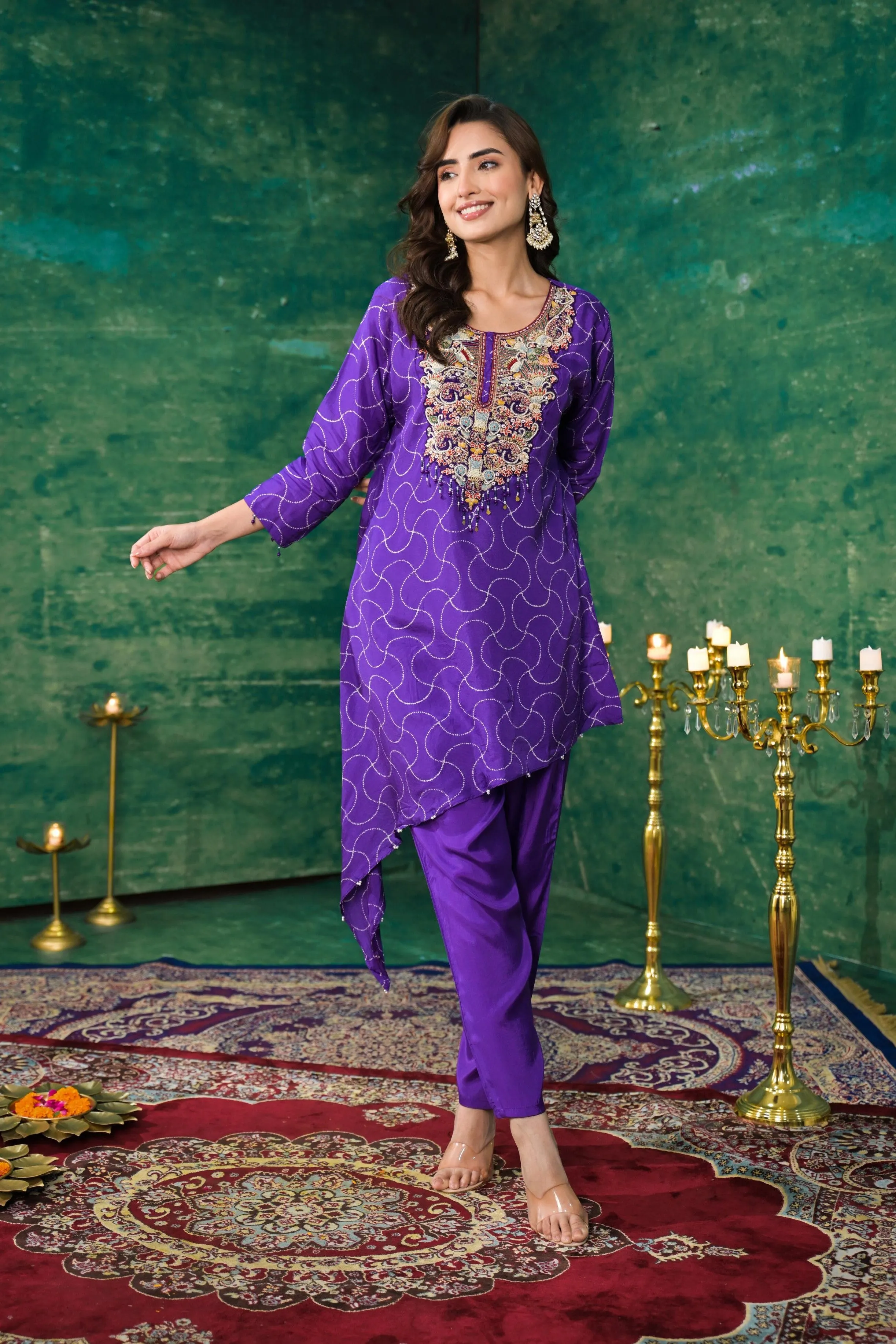 Purple Printed German Silk Kurta Set