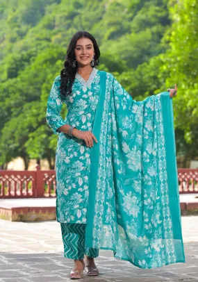 Rama Green Floral Printed Cotton Kurta Pant With Dupatta Set With Mirror Work & Zari Work