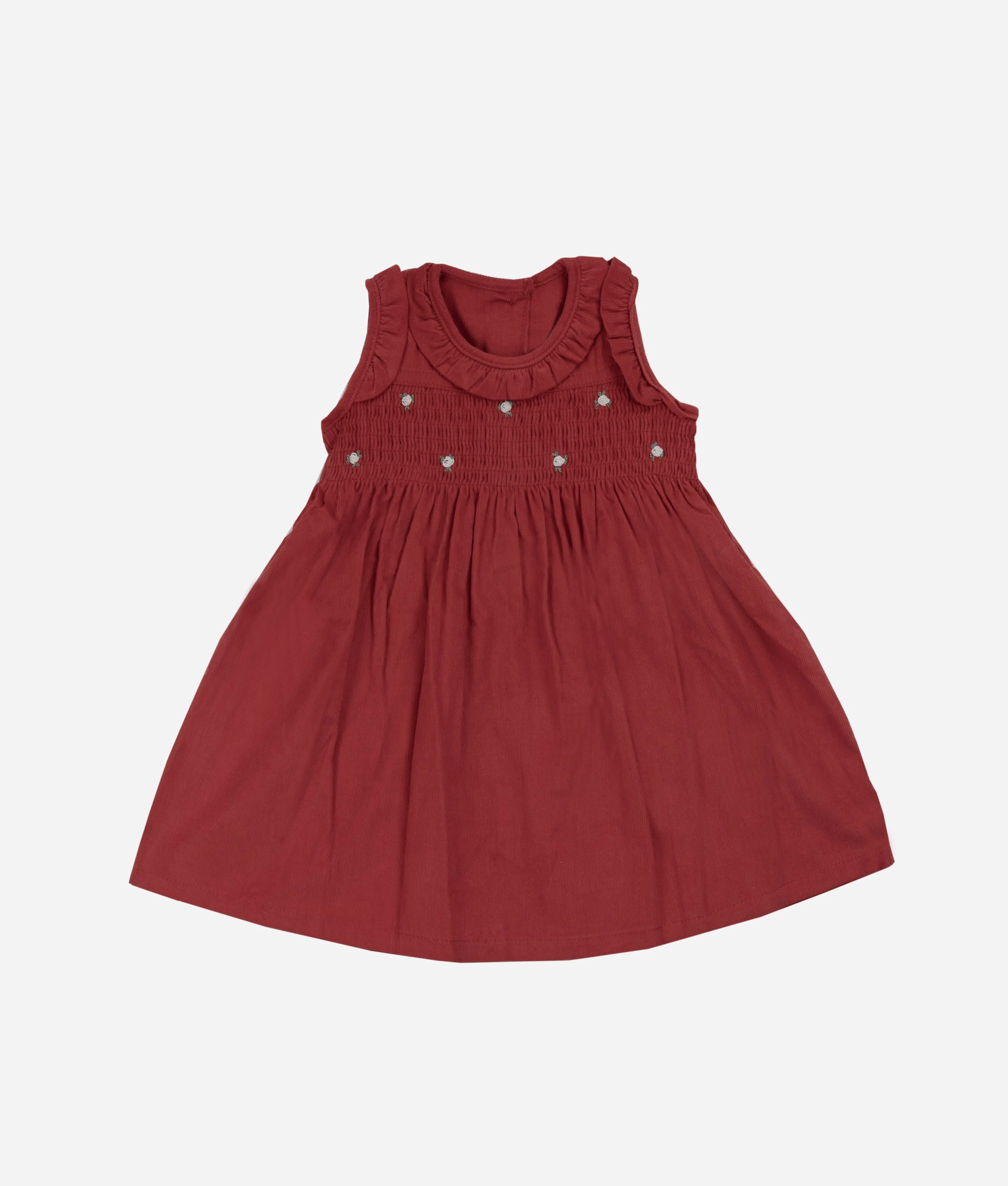 Red Corduroy White Rose Smocked Girls Dress