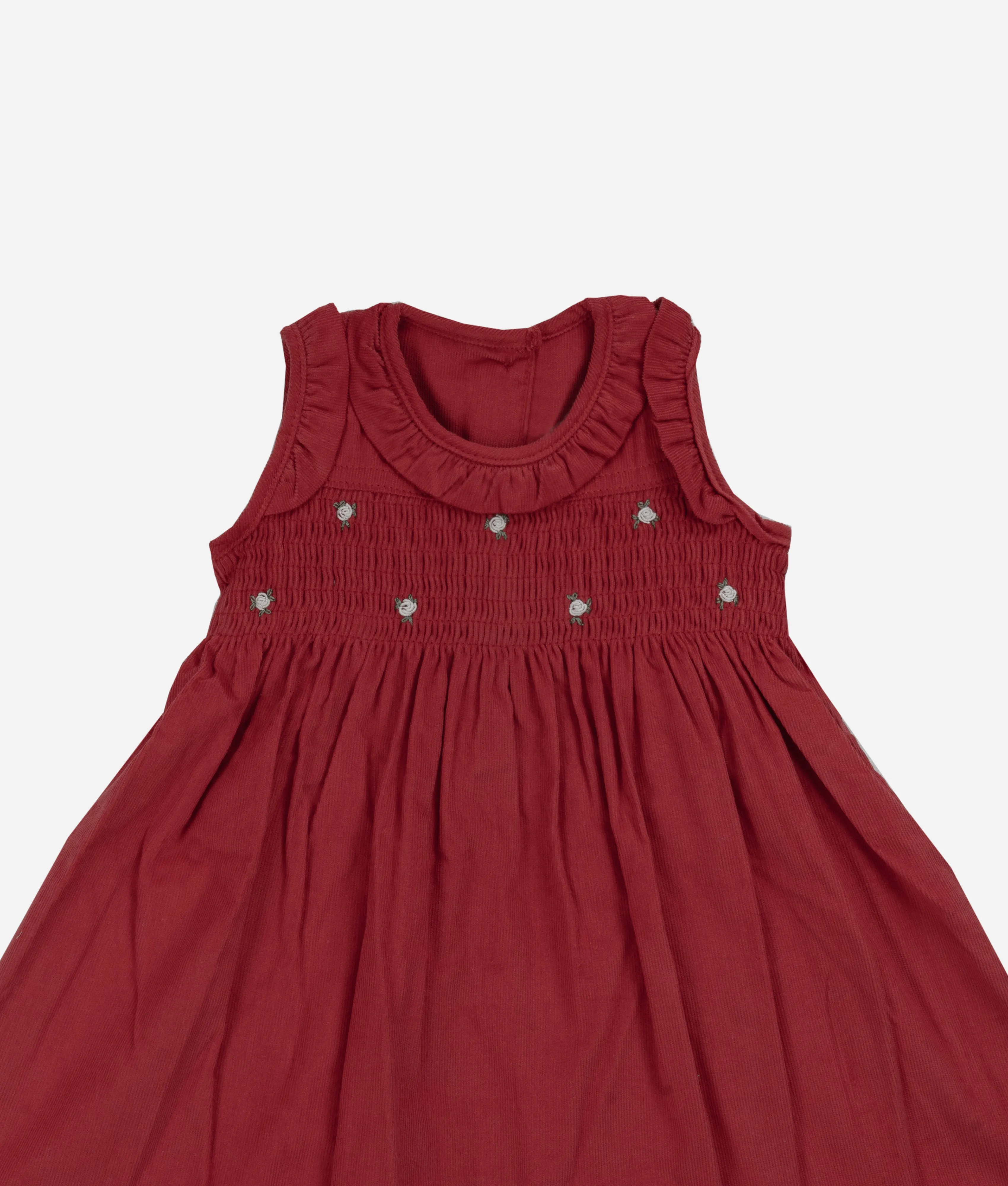 Red Corduroy White Rose Smocked Girls Dress