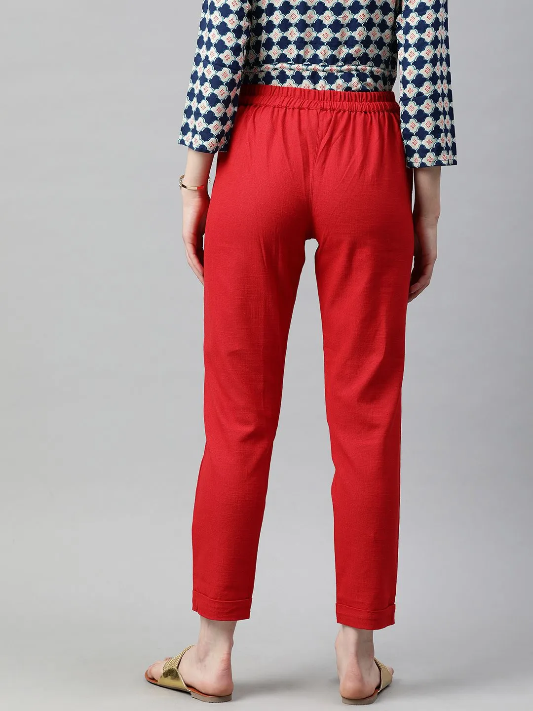 Red Cotton Slub Bottom-Fold Straight Pants