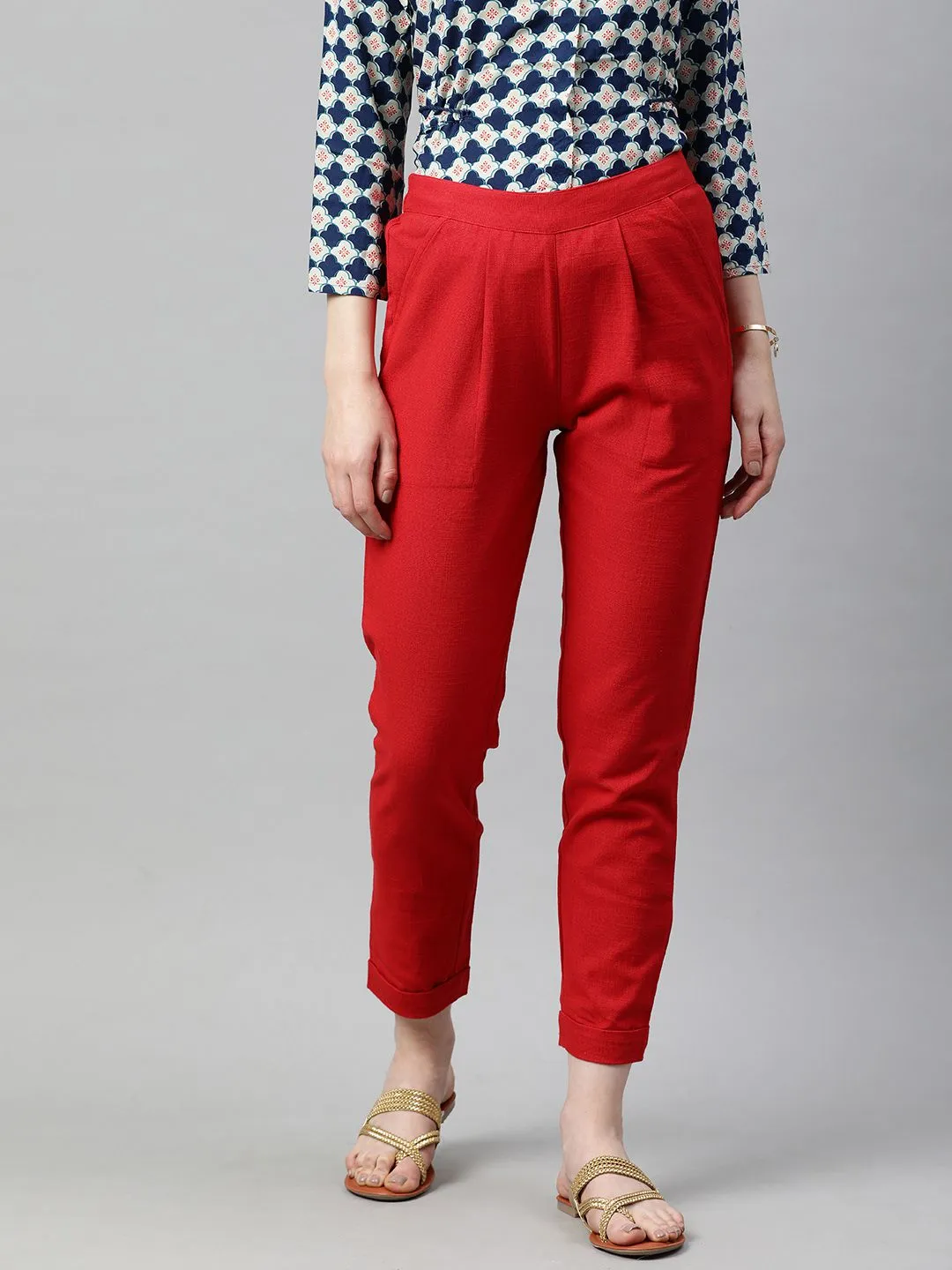 Red Cotton Slub Bottom-Fold Straight Pants