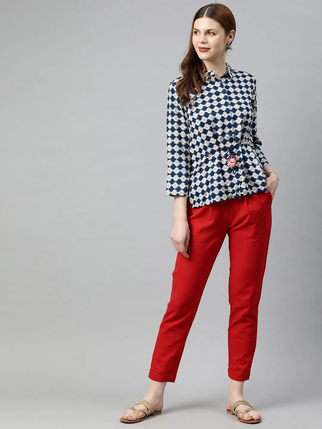 Red Cotton Slub Bottom-Fold Straight Pants