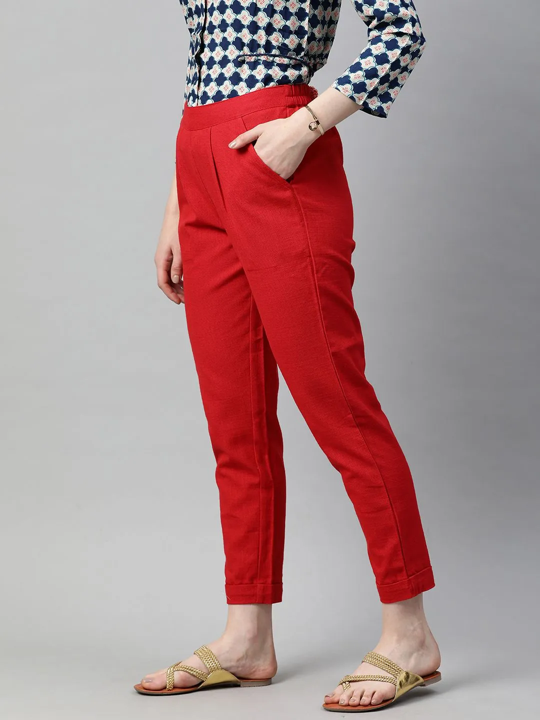 Red Cotton Slub Bottom-Fold Straight Pants