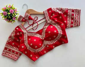 Red Golden Embroidered Blubbery Silk Blouse with Sequins