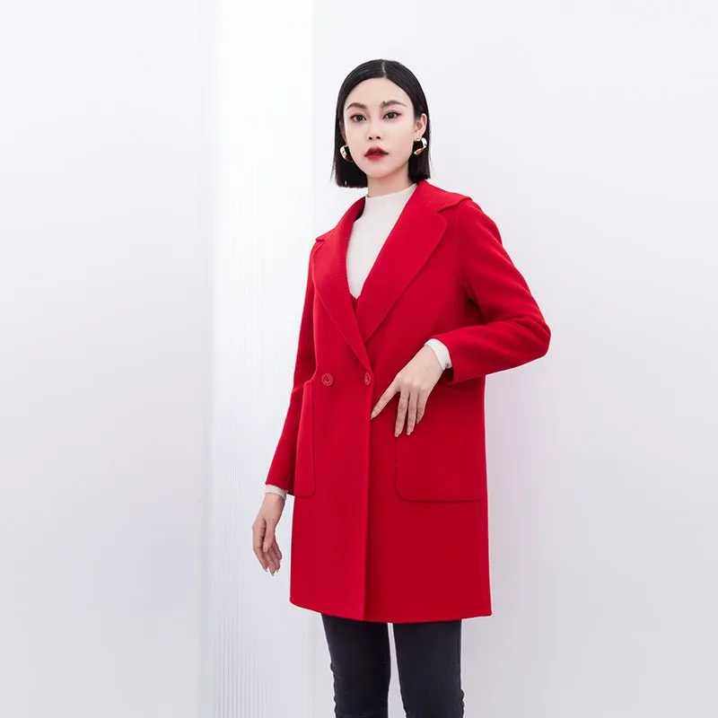 Red Mid Length Lapel Wool Coats