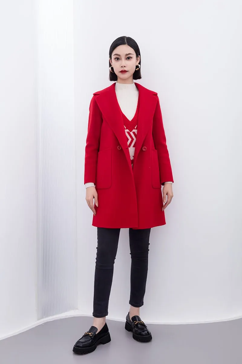 Red Mid Length Lapel Wool Coats