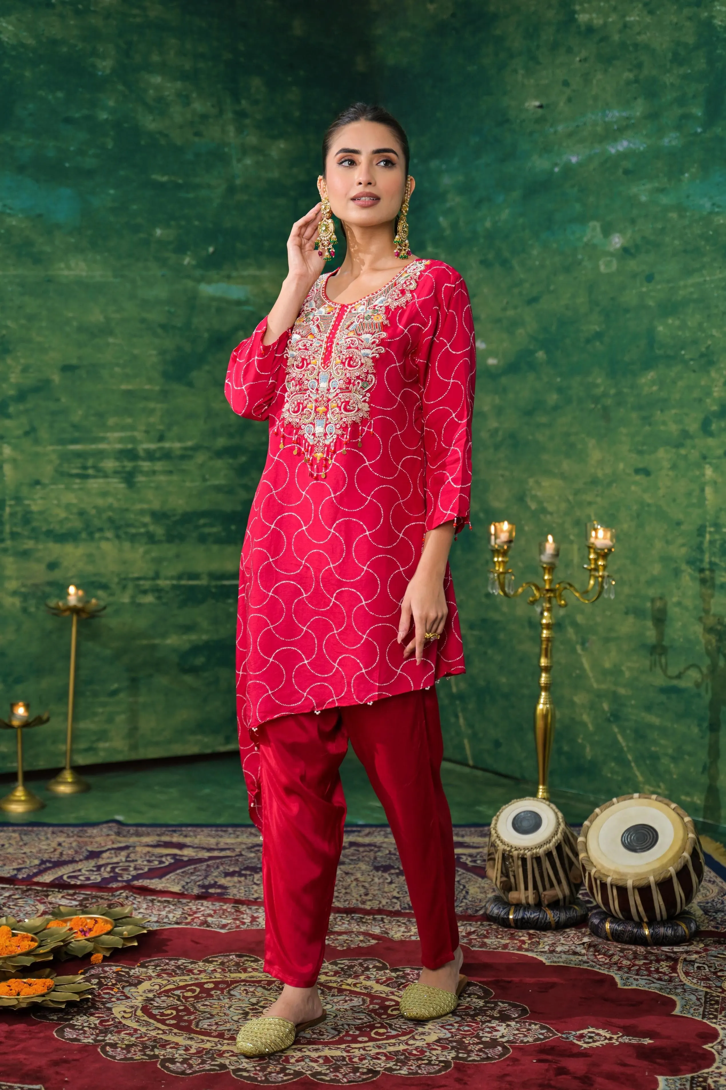 Red Printed German Silk Kurta Set