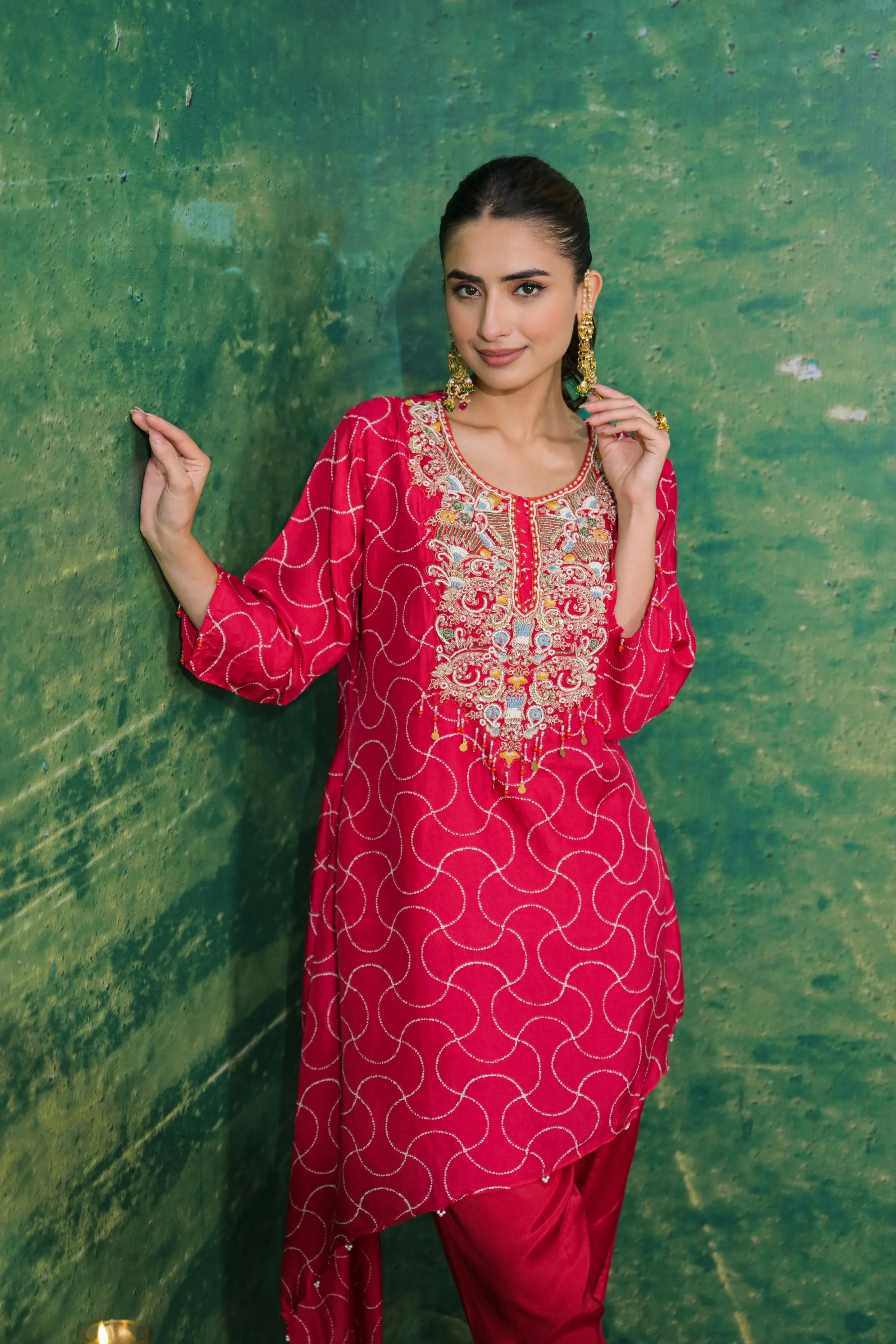 Red Printed German Silk Kurta Set