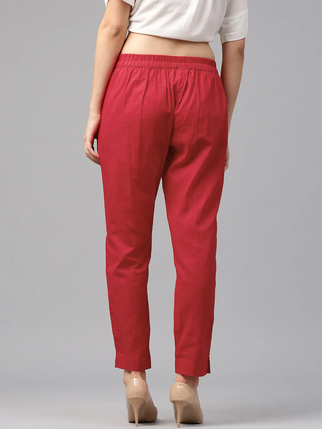 Red Solid Cotton Slub Straight Pants