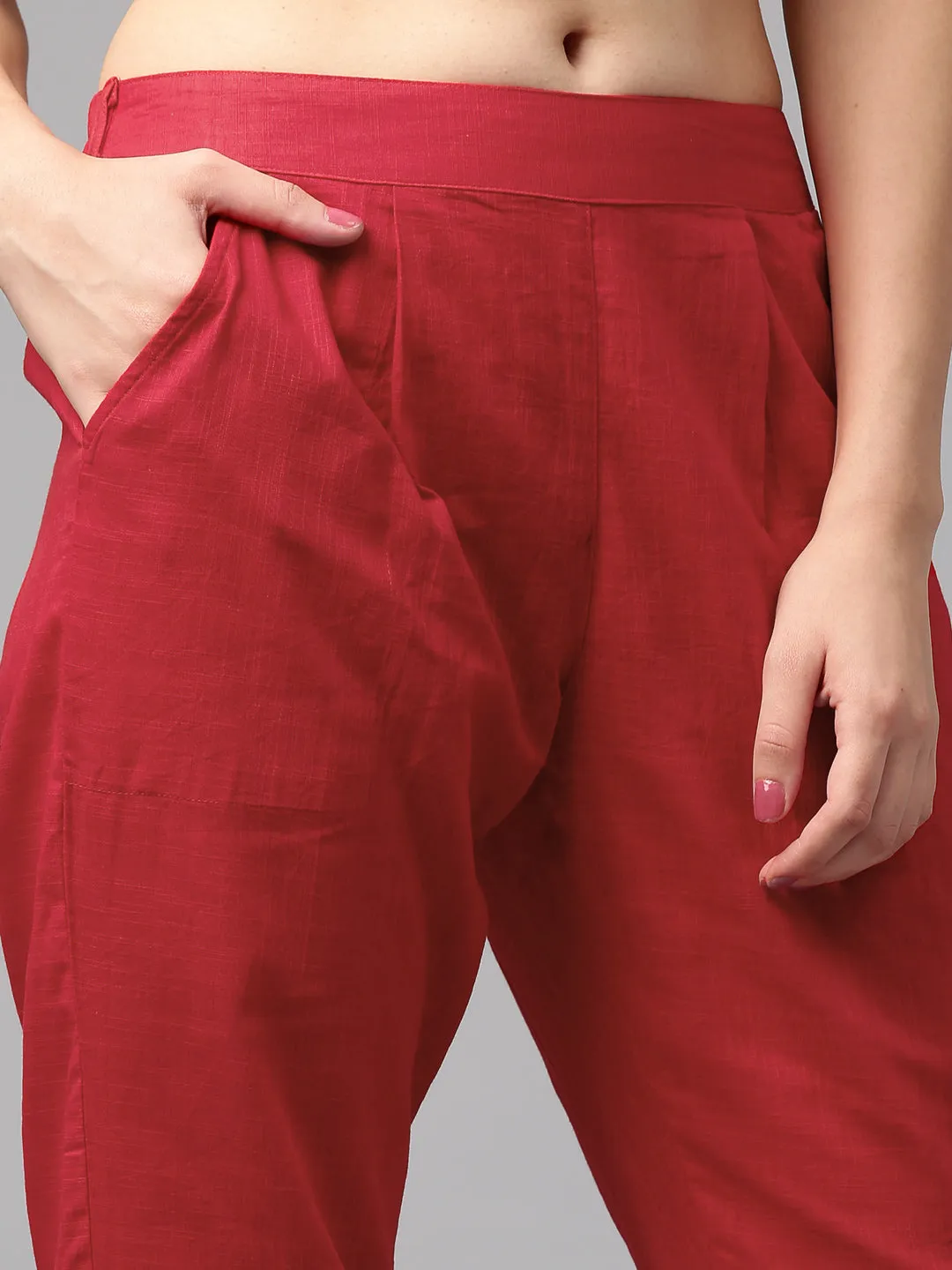 Red Solid Cotton Slub Straight Pants