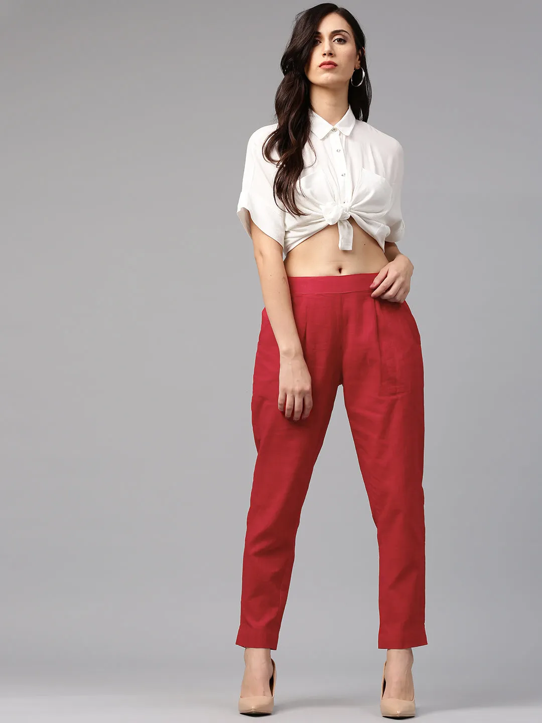 Red Solid Cotton Slub Straight Pants