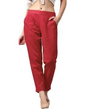 Red Solid Cotton Slub Straight Pants