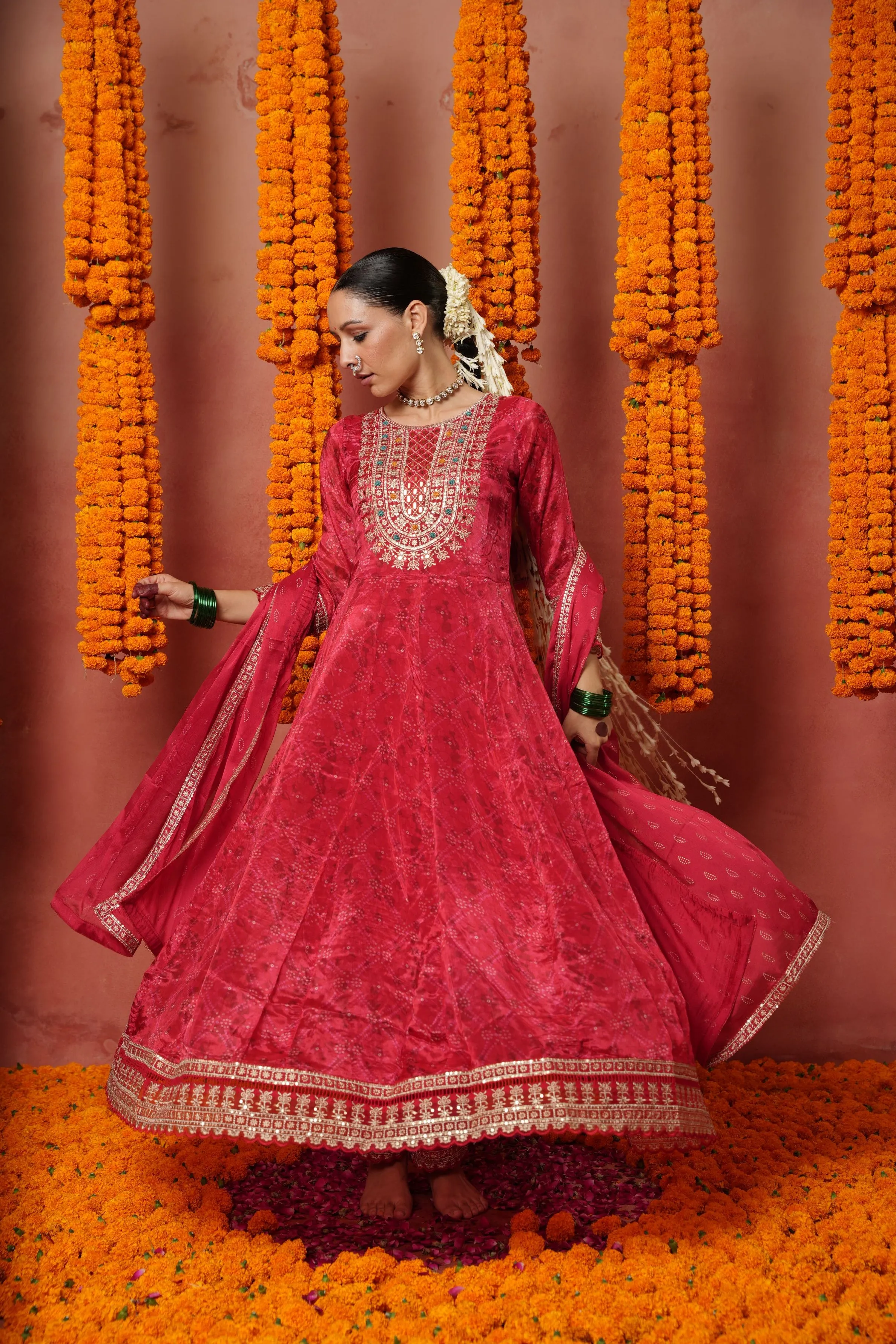 Red Traditional Printed Spanish Silk Anarkali Set