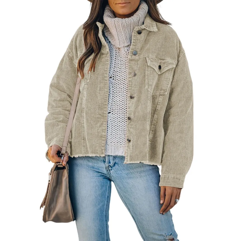 Ripped Hem Oversized Tan Corduroy Trucker Jacket Best Winter Cord Coat Womens