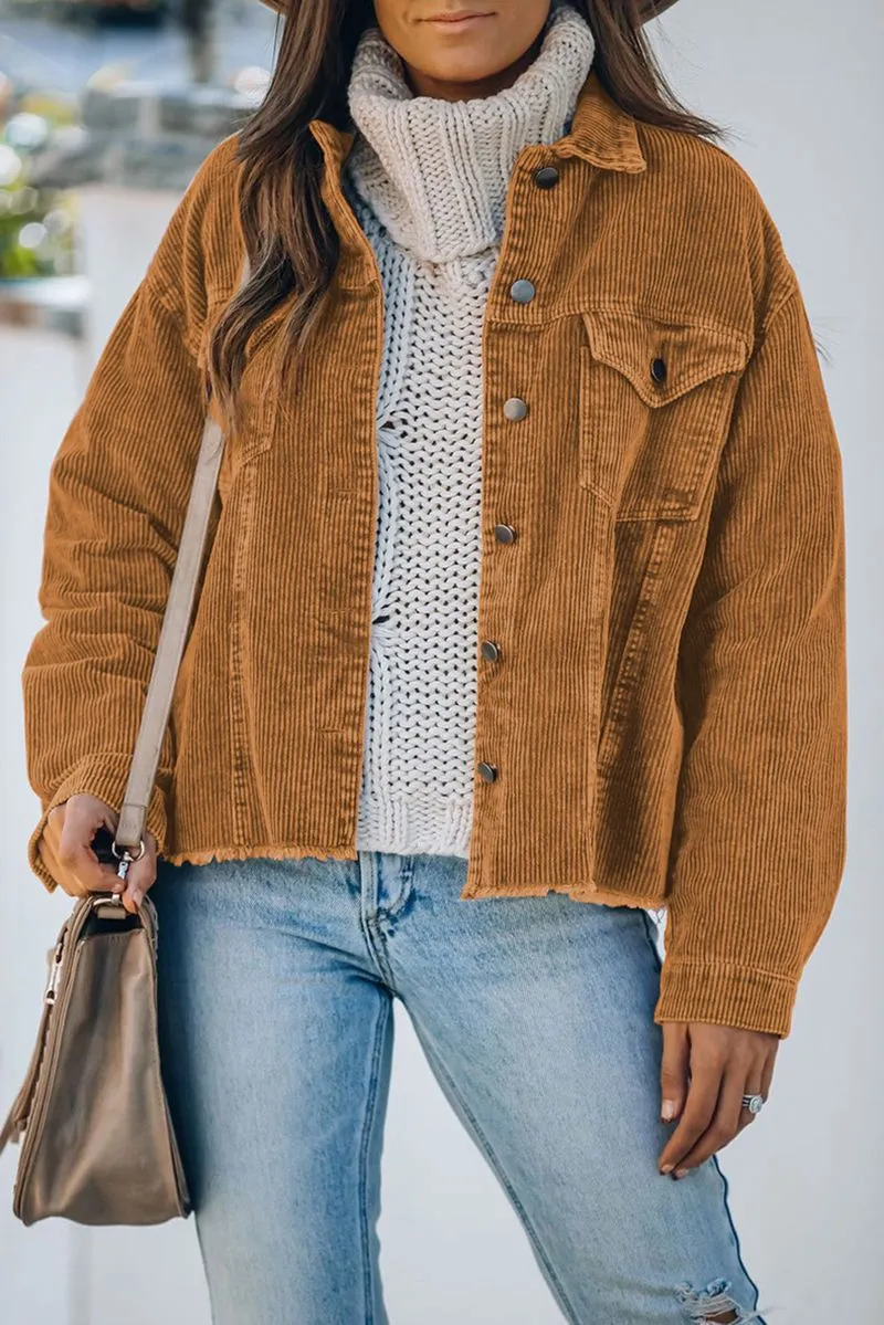 Ripped Hem Oversized Tan Corduroy Trucker Jacket Best Winter Cord Coat Womens