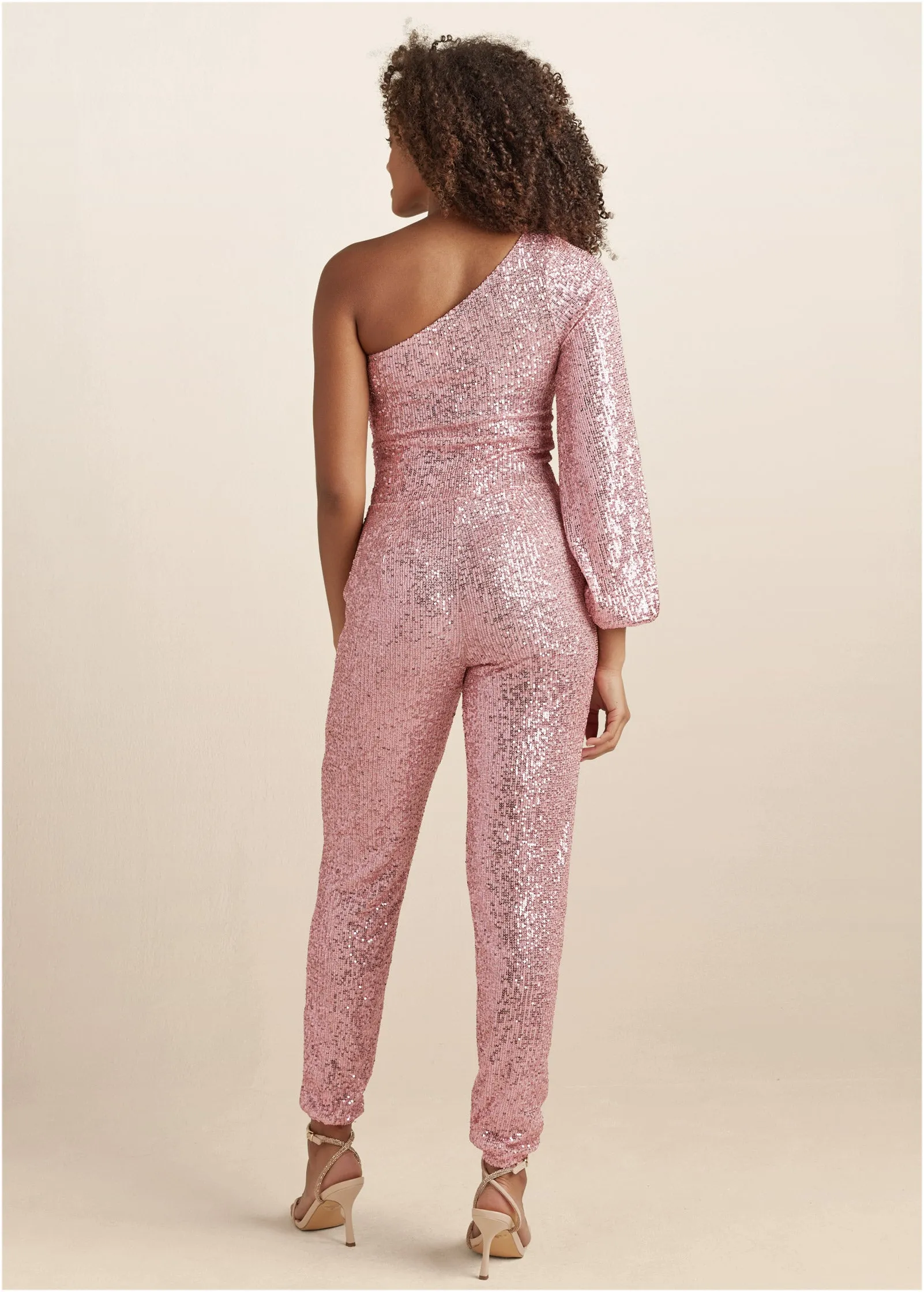 Sequin One-Shoulder Jumpsuit - Peach