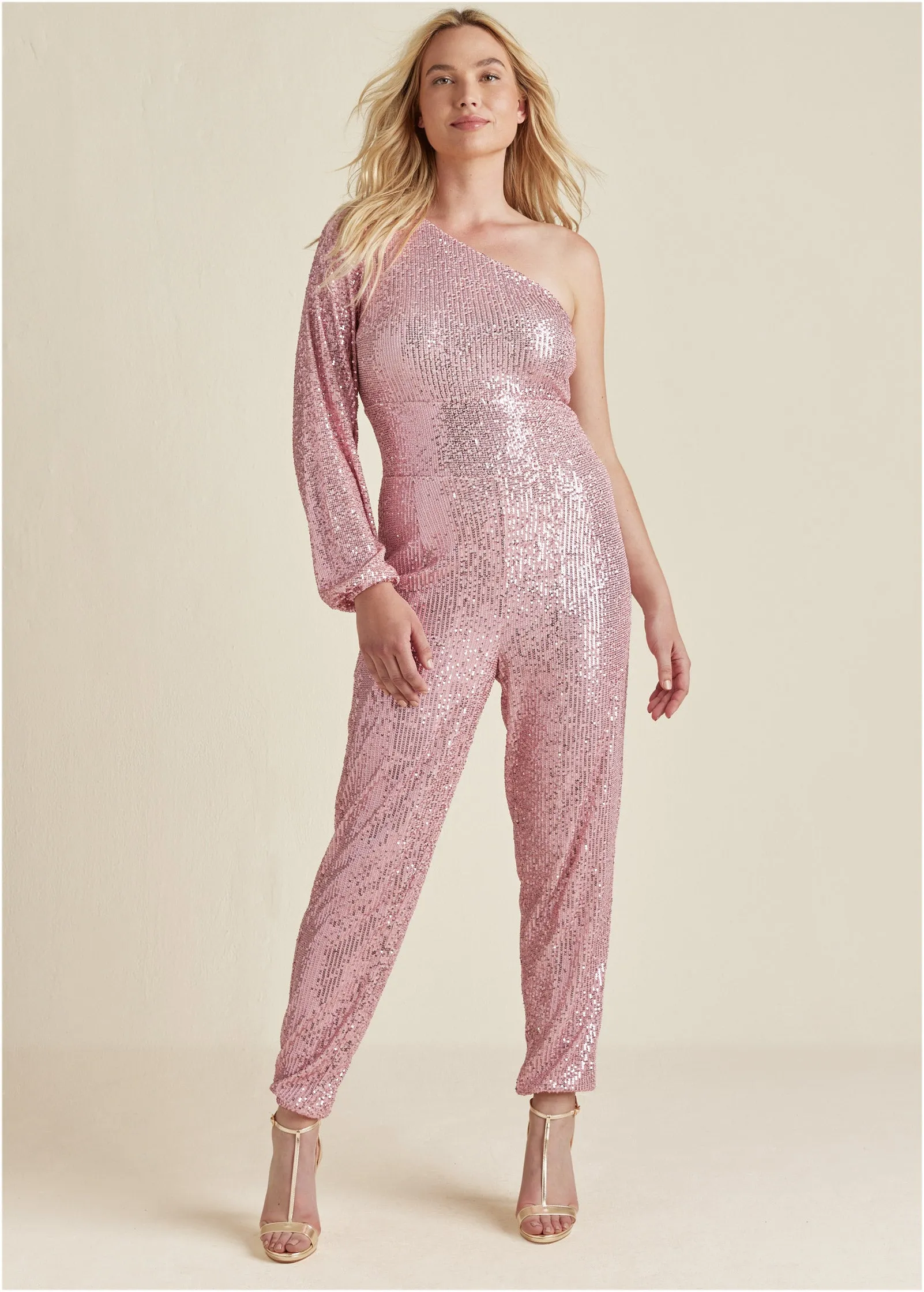 Sequin One-Shoulder Jumpsuit - Peach