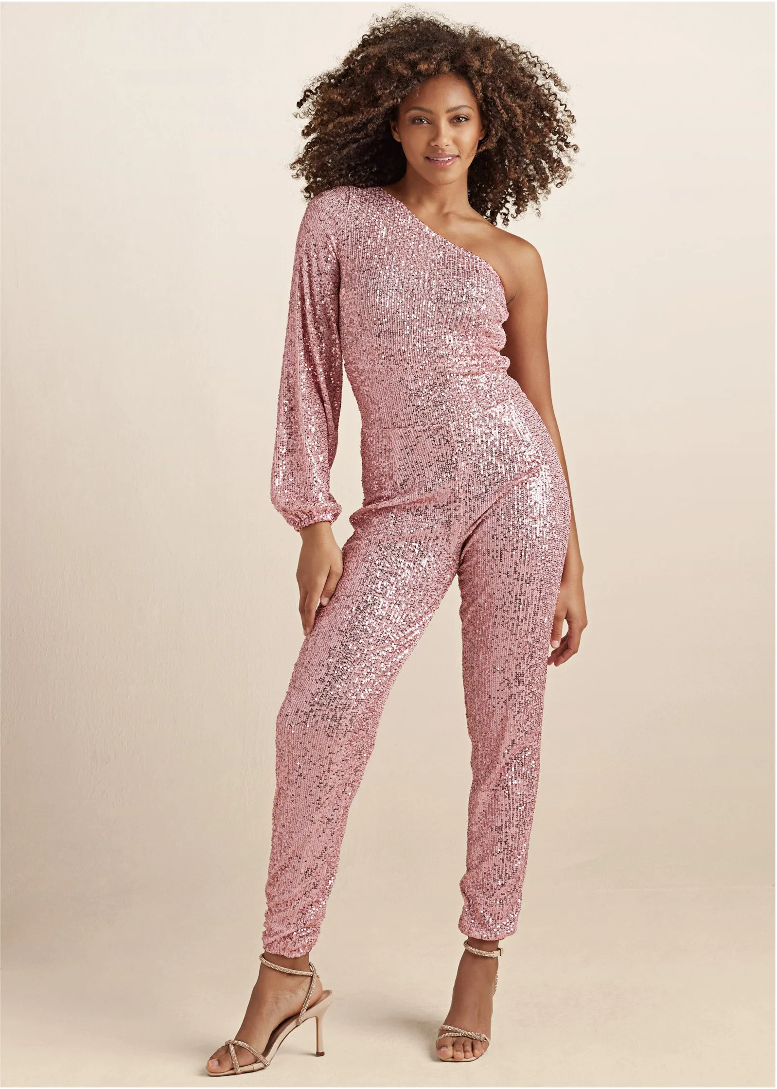 Sequin One-Shoulder Jumpsuit - Peach