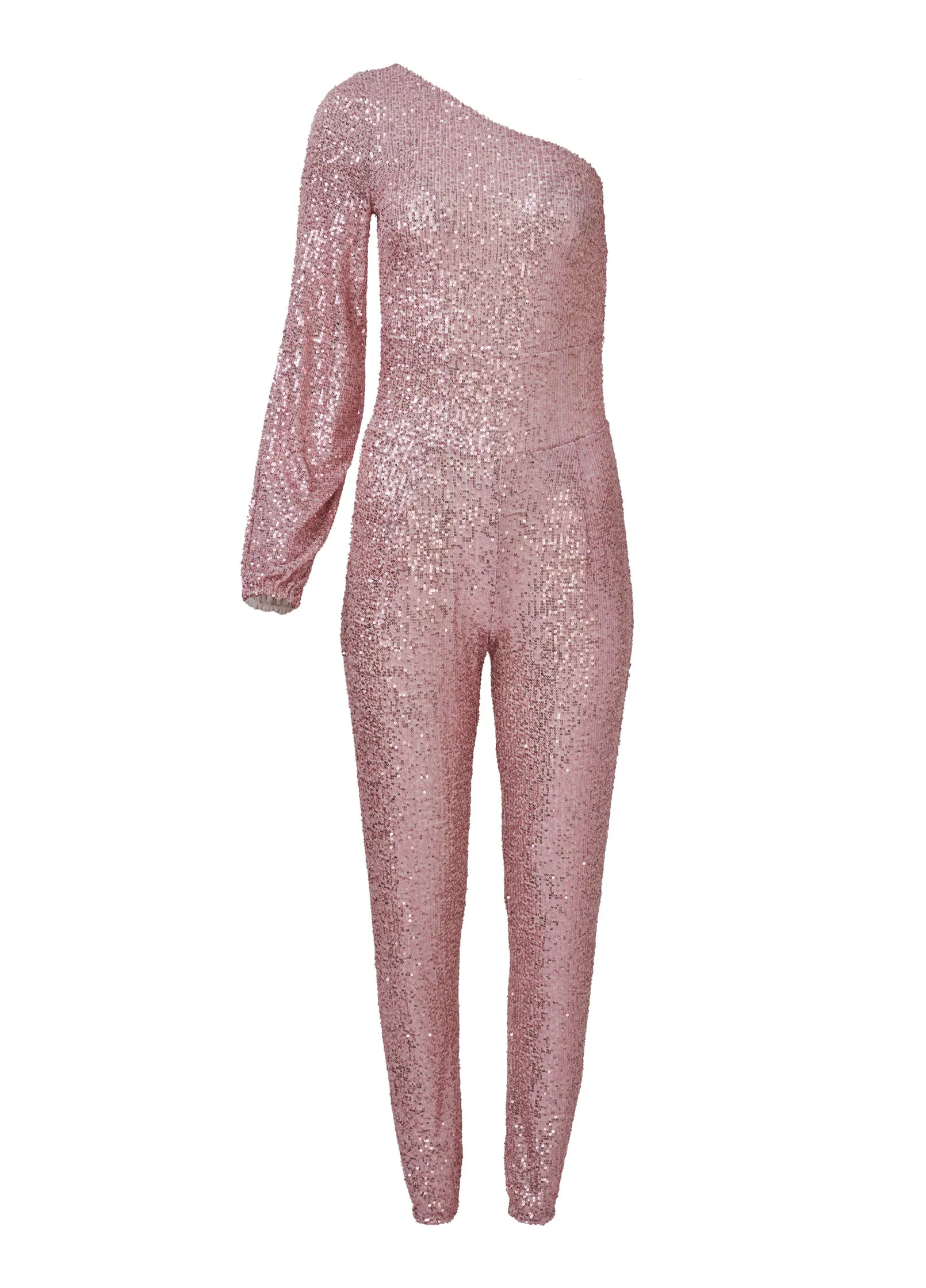 Sequin One-Shoulder Jumpsuit - Peach