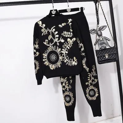 Sequined Embroidery Pullover Sweater and Knitted Pants Set