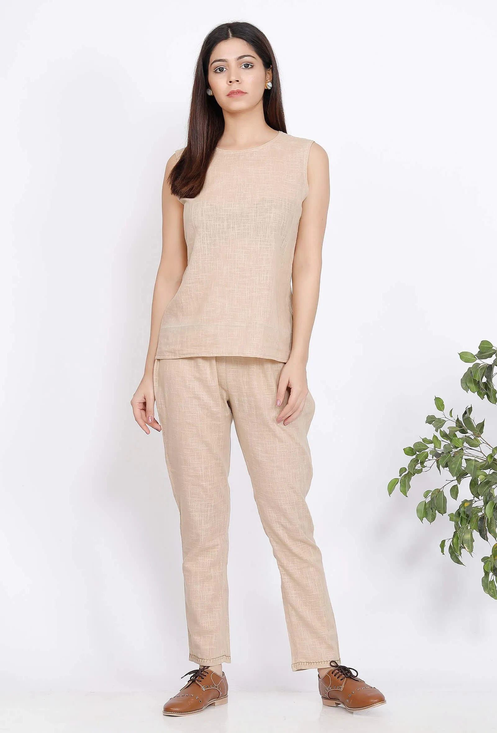 Set of 2 : Beige Cotton Slub Top and Pants