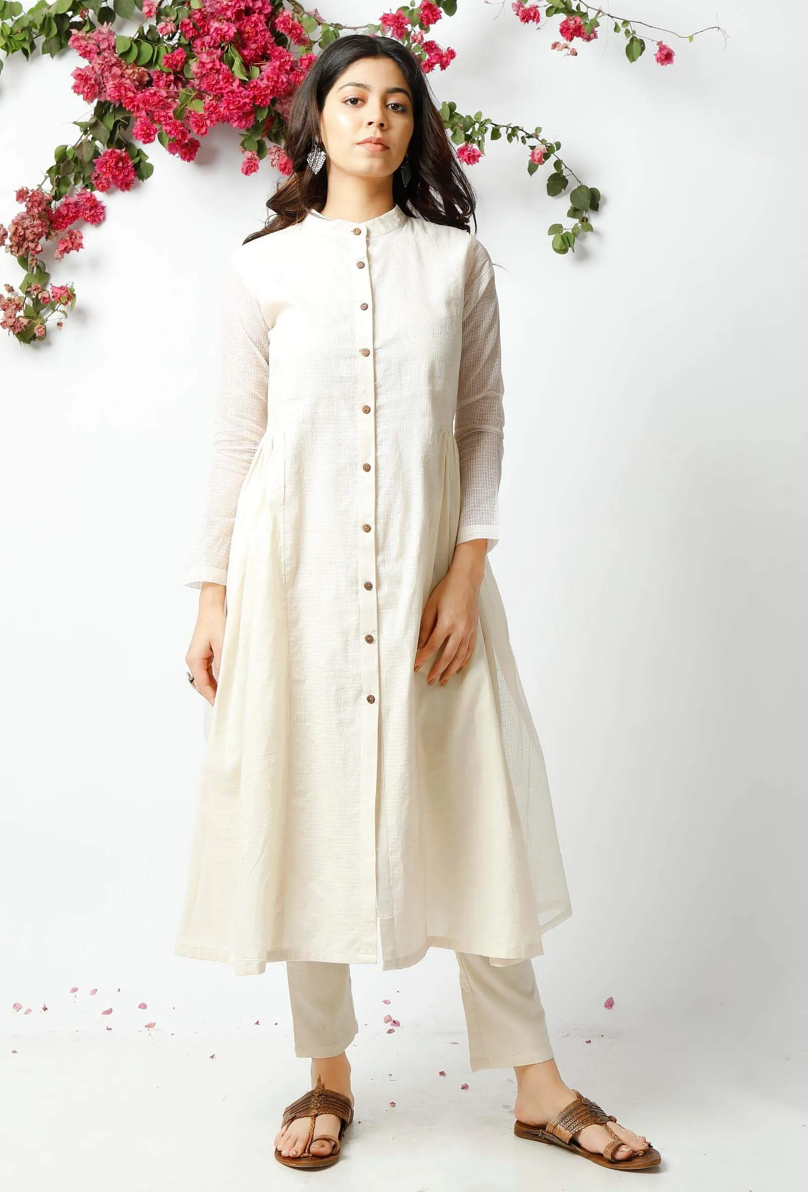 Set of 3: The Spotted off White Kota Dupatta matched with The Playful Off White Cotton Kurta and White Pant