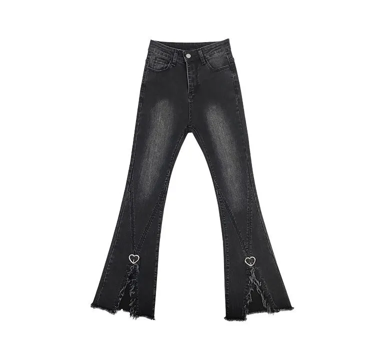 Sexy Sweet Goth Girl Witch Dark Gray Black Heart High Waist Jeans Pants