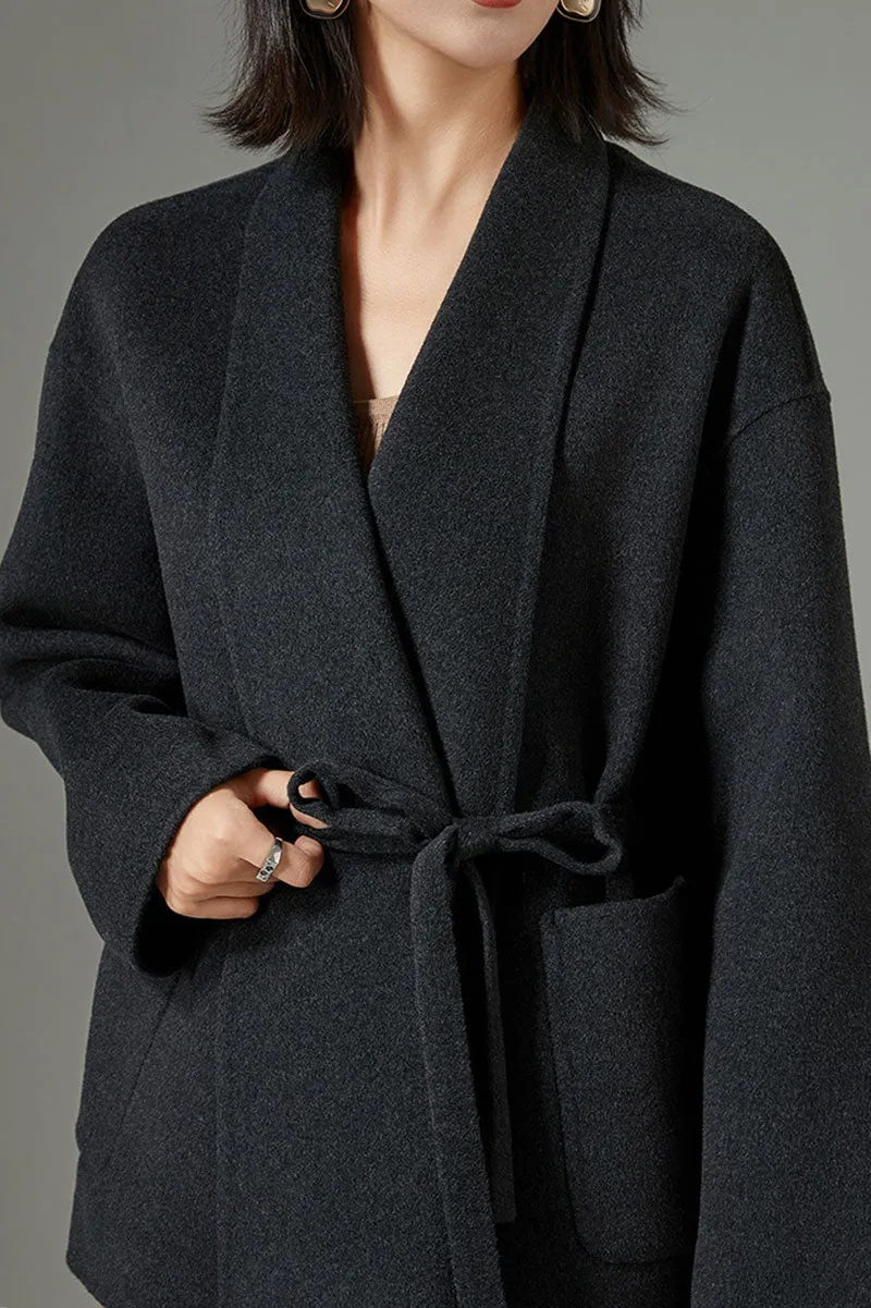 Short Cashmere-Wool Double-Faced Belted Wrap Jacket