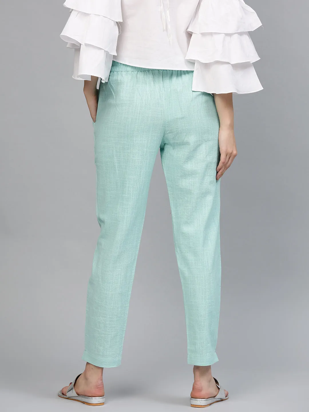 Sky Blue Solid Cotton Slub Straight Pants