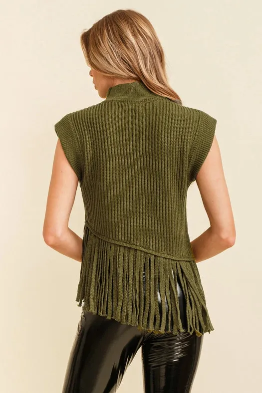 Sleeveless Fringe Turtleneck Sweater Olive