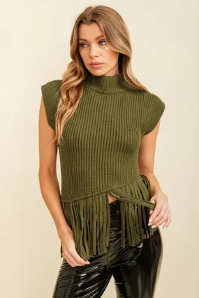 Sleeveless Fringe Turtleneck Sweater Olive