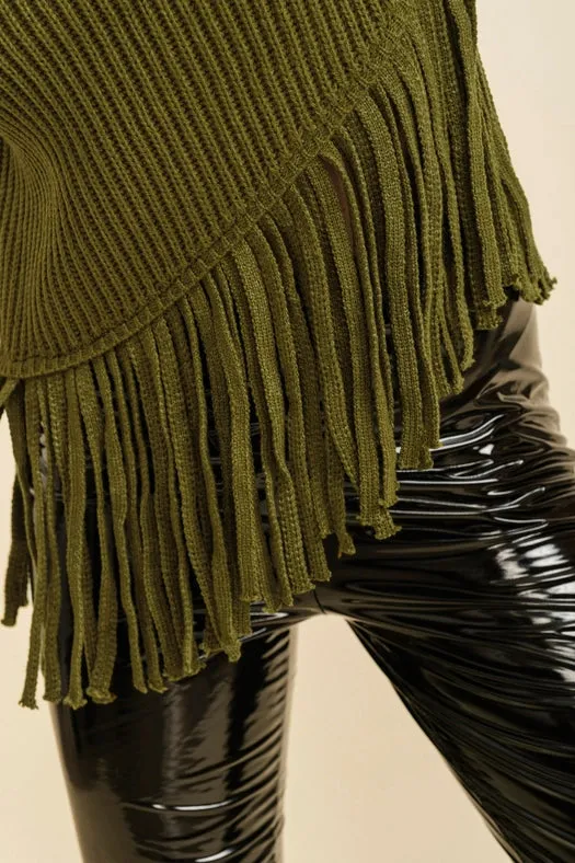 Sleeveless Fringe Turtleneck Sweater Olive