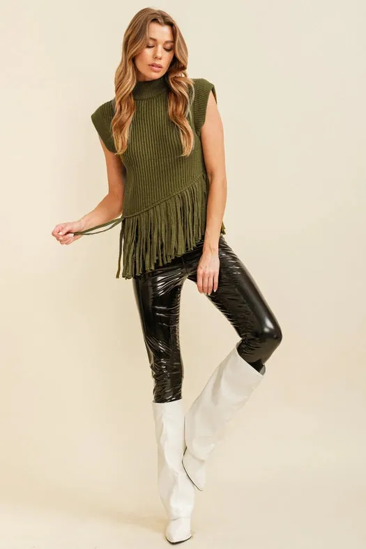 Sleeveless Fringe Turtleneck Sweater Olive