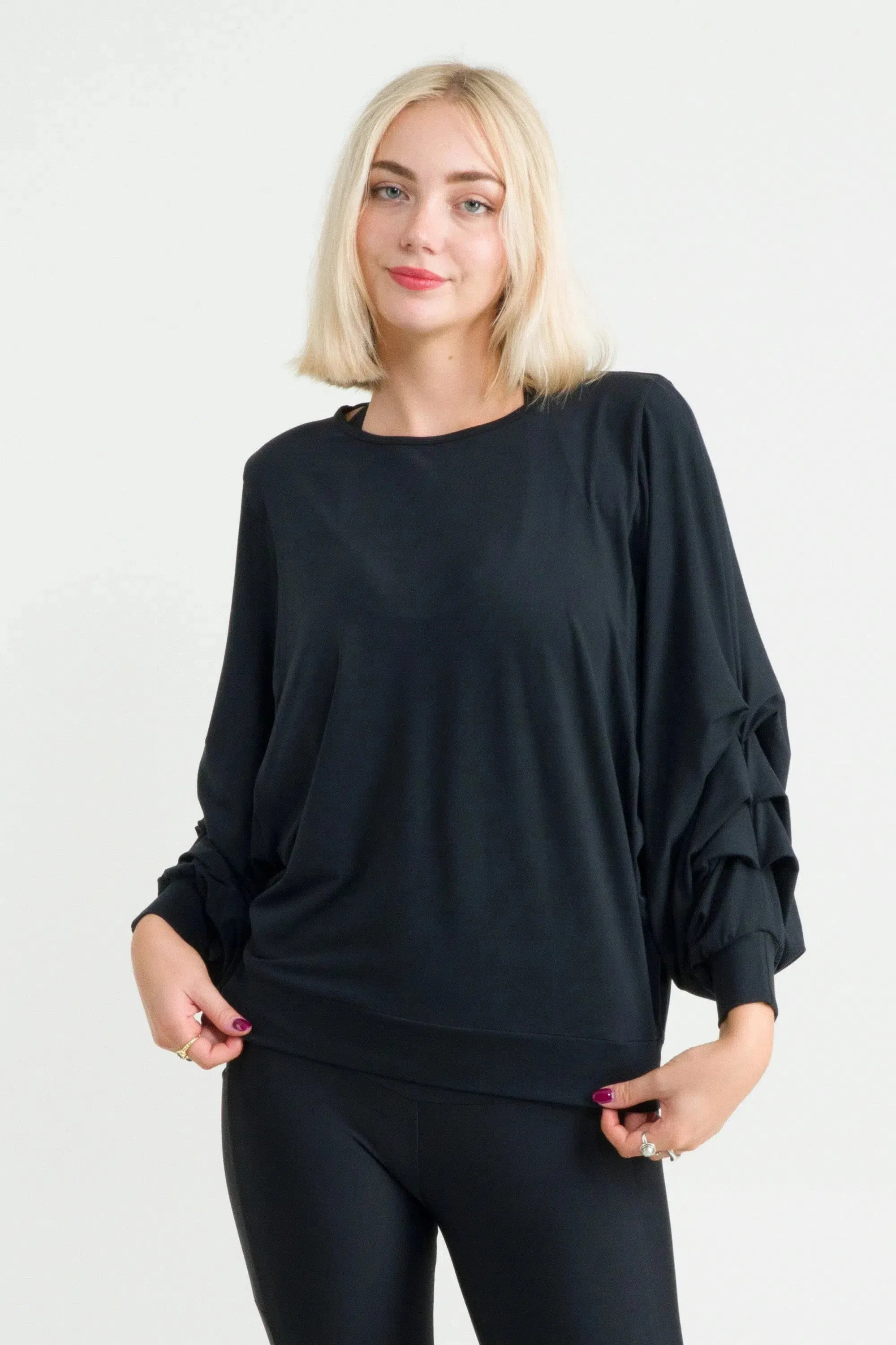 Soft To Touch Batwing Cinched Sleeve Sweater - Black