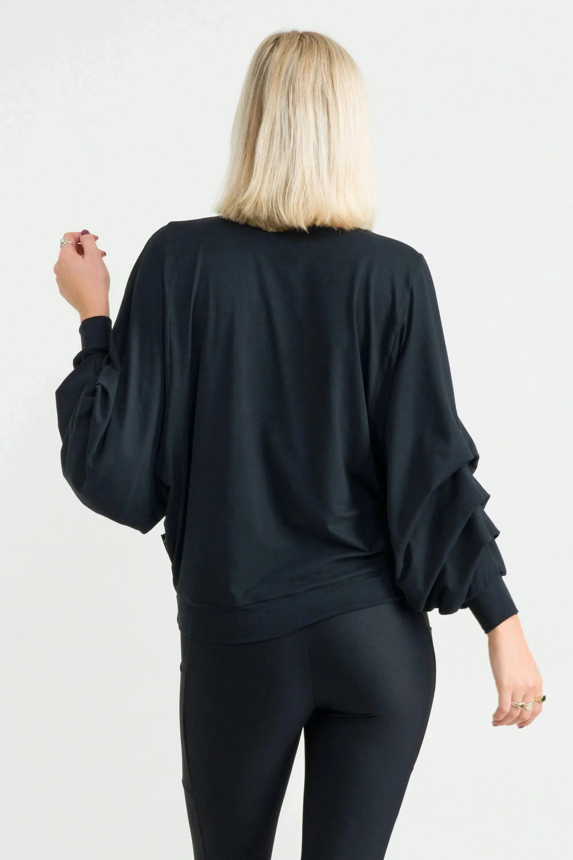 Soft To Touch Batwing Cinched Sleeve Sweater - Black