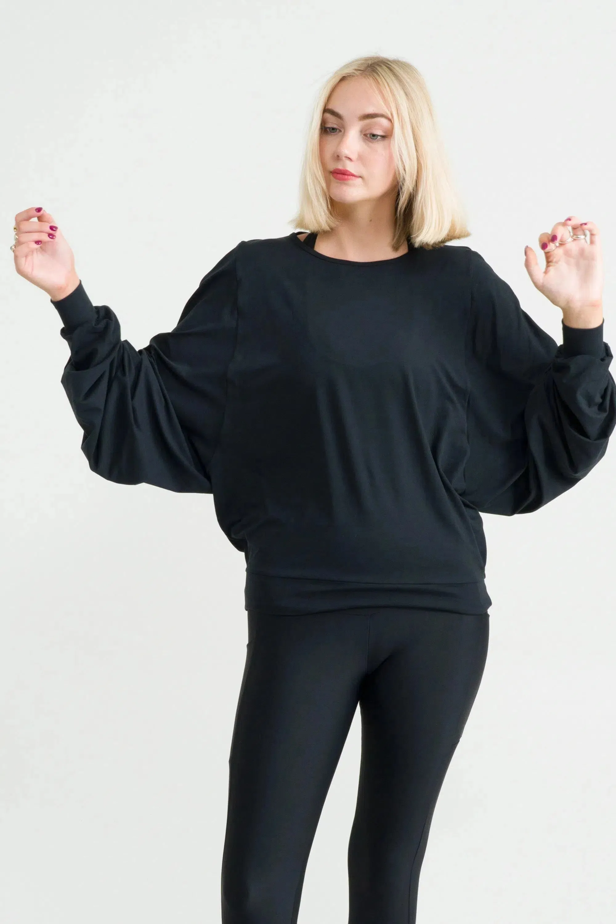 Soft To Touch Batwing Cinched Sleeve Sweater - Black