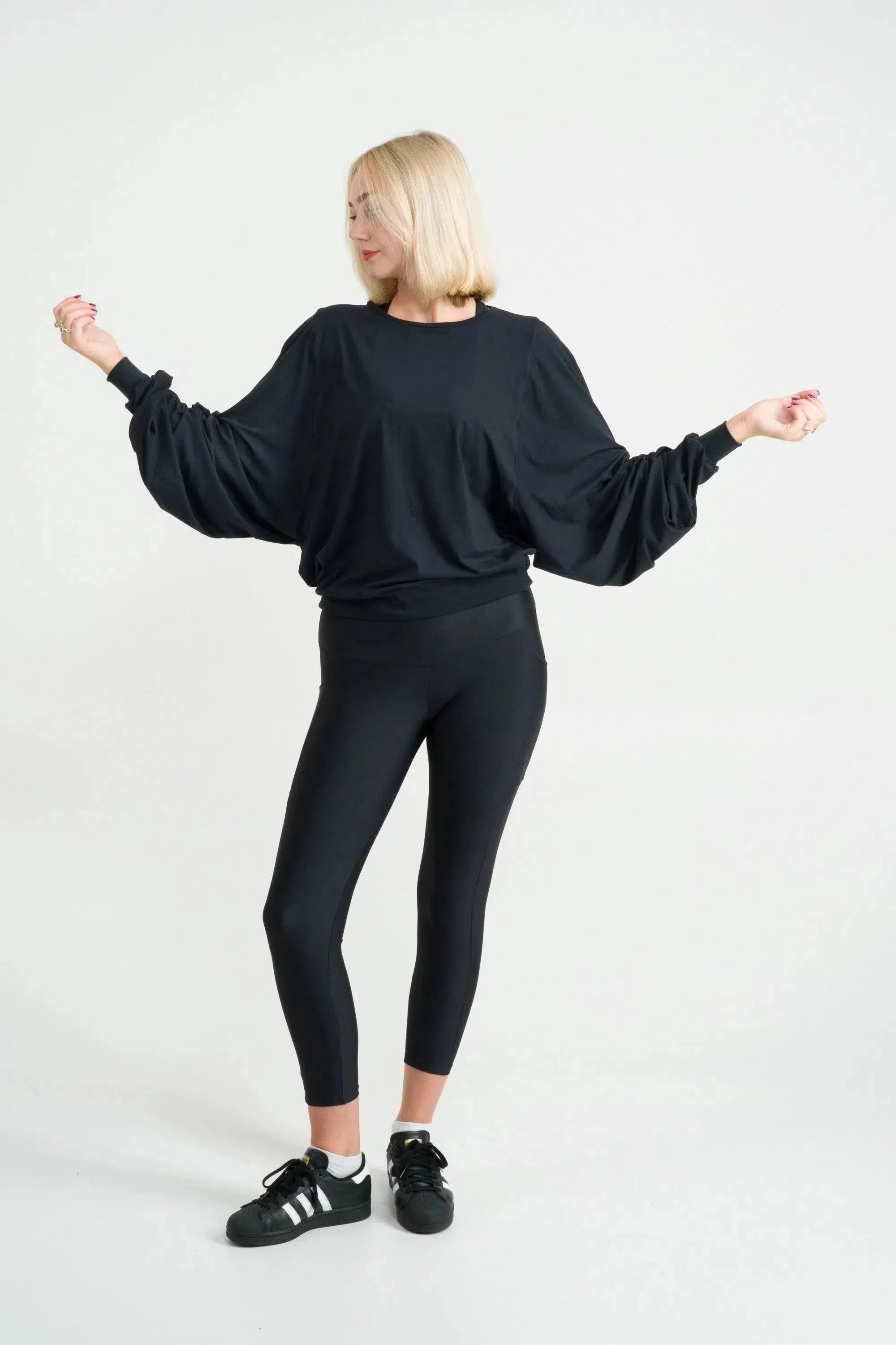 Soft To Touch Batwing Cinched Sleeve Sweater - Black