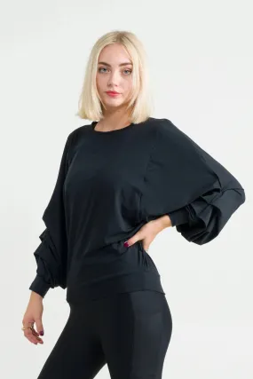 Soft To Touch Batwing Cinched Sleeve Sweater - Black