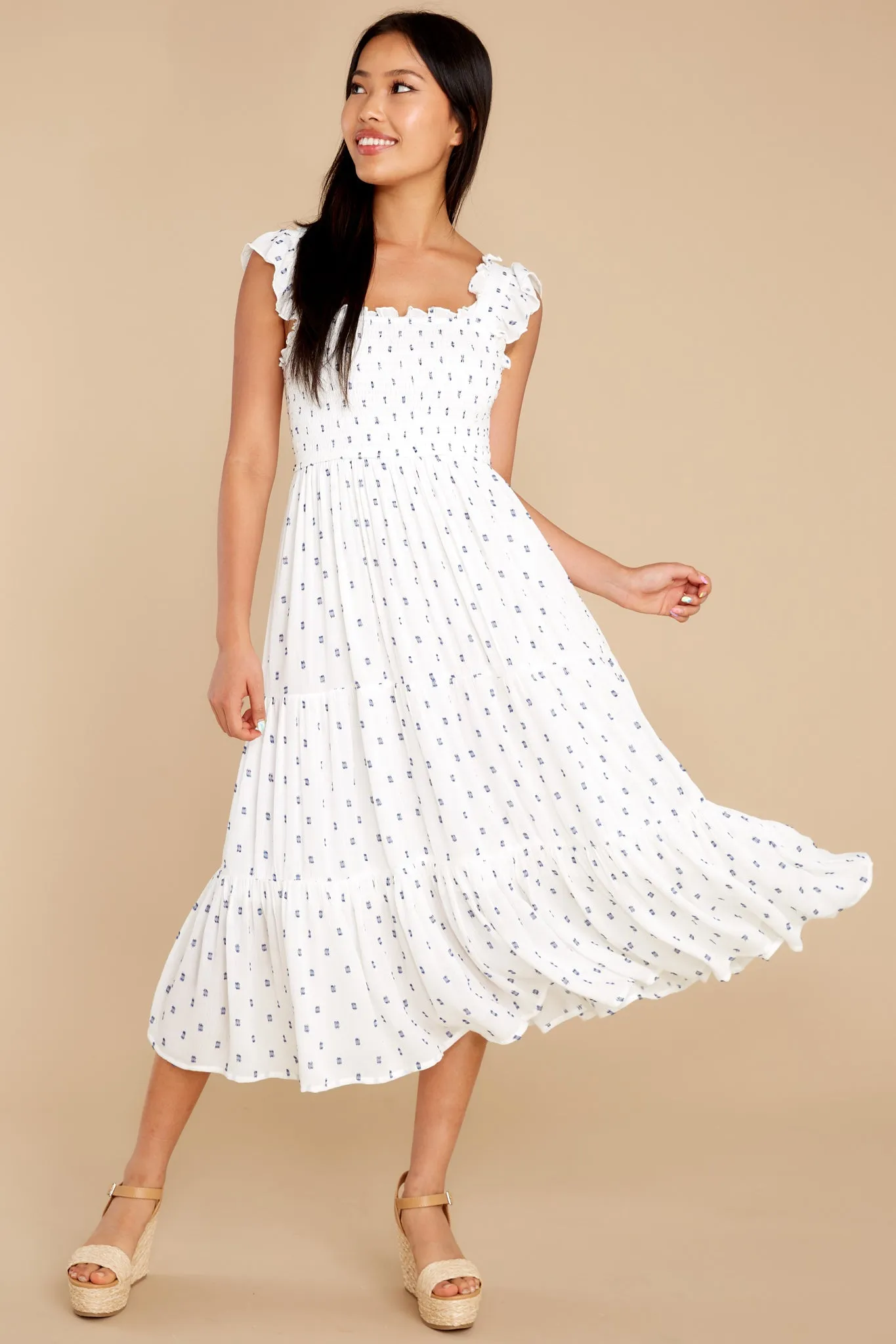 Sounds Of Silence White And Navy Dot Ruffle Midi Dress