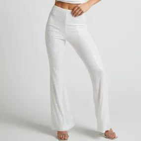 Sparkly High Waist Fit and Flare Wide Leg Party Sequin Pants - White