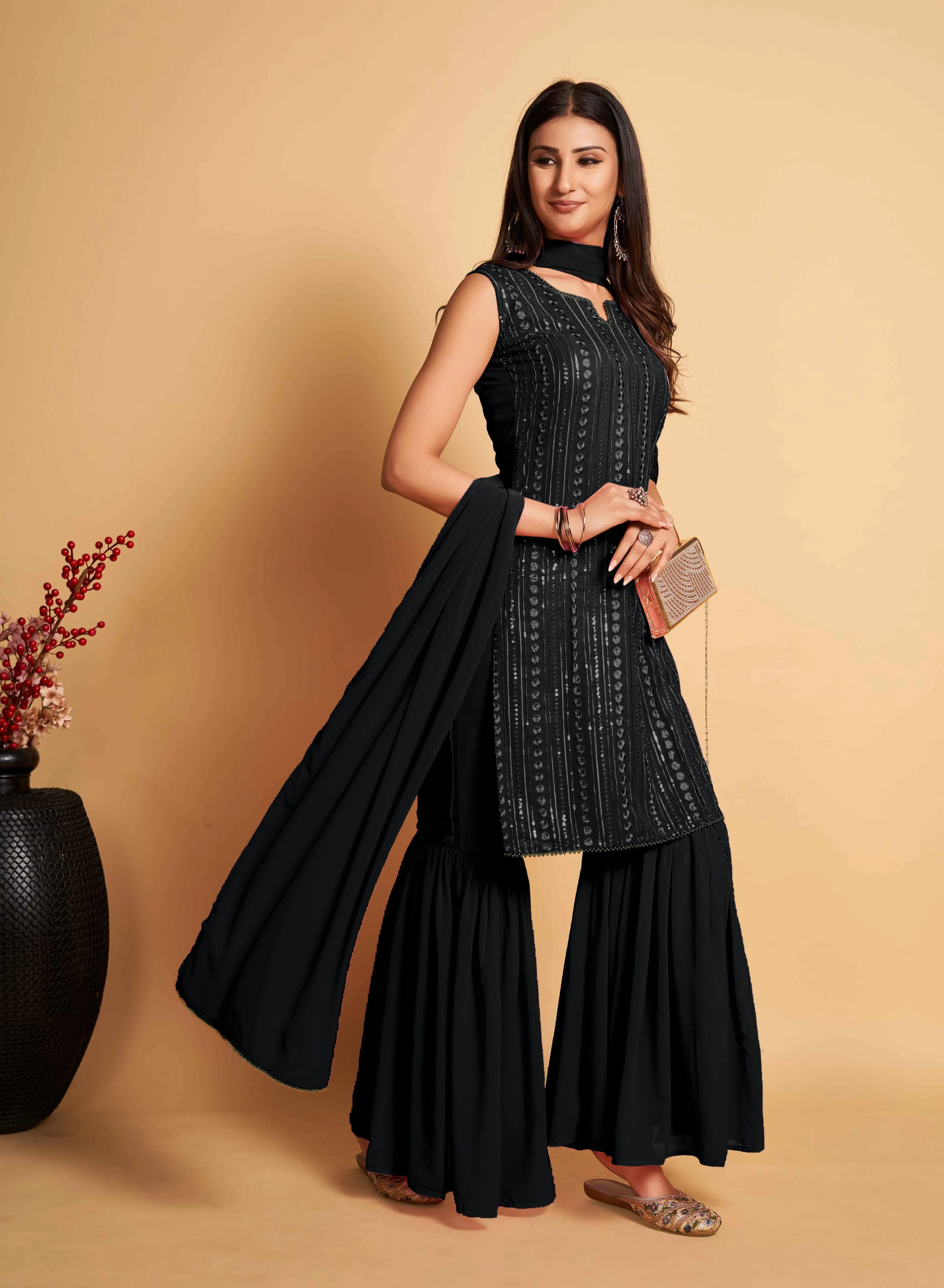 Stunning Black Designer Sharara Kurti Dupatta Set - Embroidered Faux Georgette & Georgette