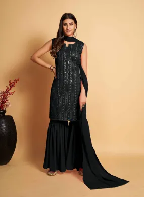 Stunning Black Designer Sharara Kurti Dupatta Set - Embroidered Faux Georgette & Georgette