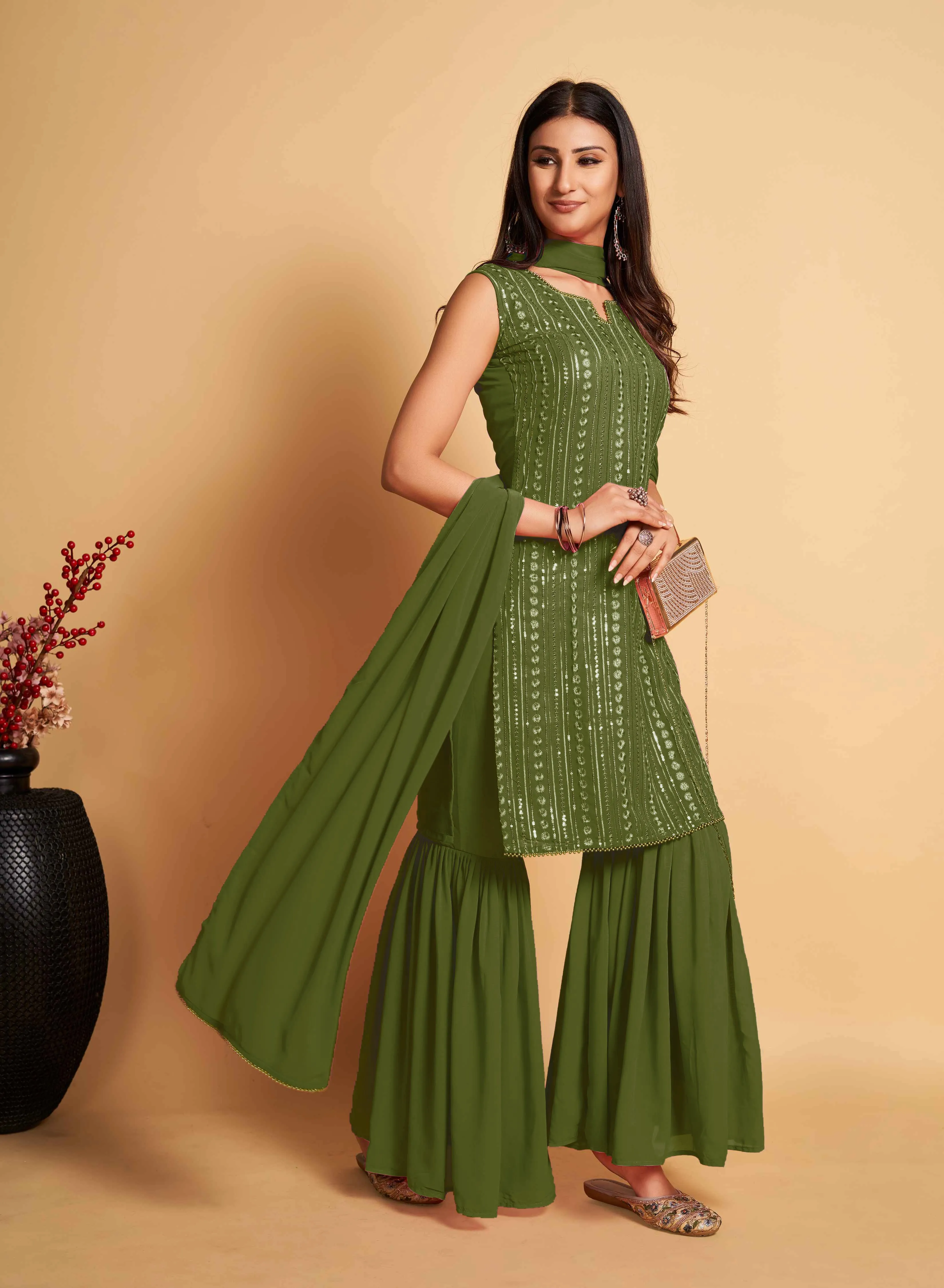 Stunning Green Designer Sharara Kurti Dupatta Set - Embroidered Faux Georgette & Georgette