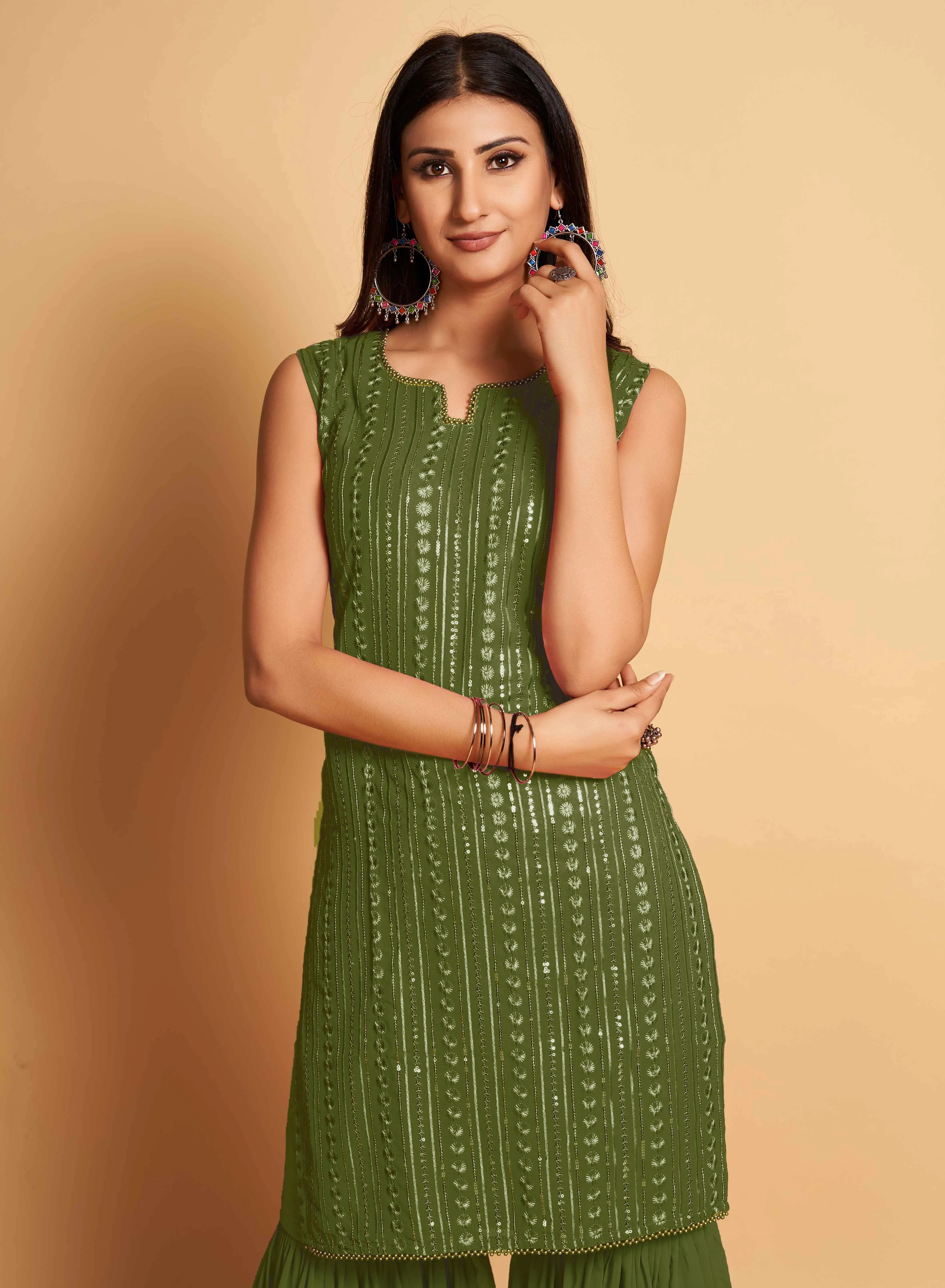 Stunning Green Designer Sharara Kurti Dupatta Set - Embroidered Faux Georgette & Georgette