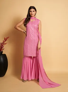 Stunning Pink Designer Sharara Kurti Dupatta Set - Embroidered Faux Georgette & Georgette